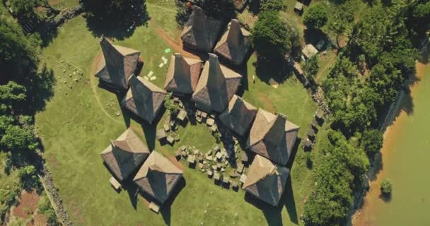 De haut en bas des maisons traditionnelles indonésiennes aériennes. Chalets de campagne uniques sur la vallée de l'herbe verte — Video