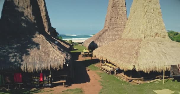 Closeup traditional houses with ornately roofs at green countryside village. Exterior of settlement — Stock Video