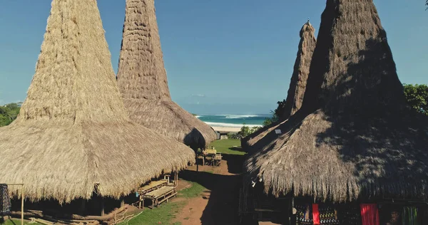 Detailní záběr tradičních vesnických domů střechy na zelené krajině ostrova Sumba — Stock fotografie