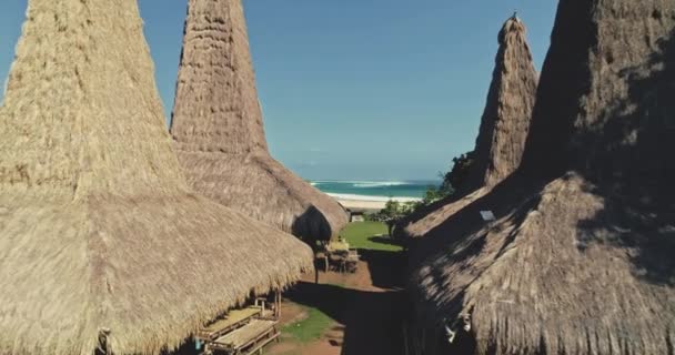 Case di legno tradizionali tetti primo piano, villaggio tropicale sulla riva del mare. Case di design uniche, Indonesia — Video Stock