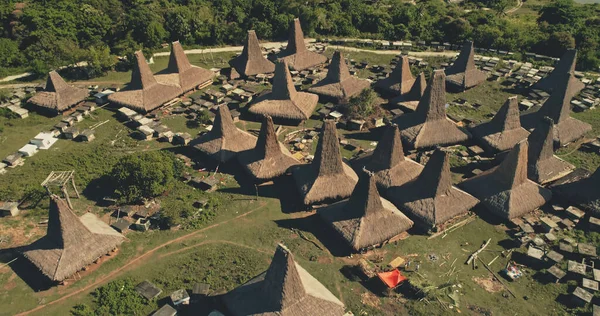 Tradiční domy vesnice s jedinečnými střechami v zeleném údolí s tropickým stromem. Epická turistická památka — Stock fotografie
