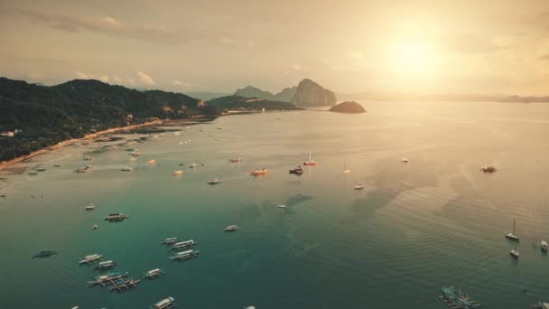 Coucher de soleil à la baie de la mer : bateaux, yachts à l'eau. Paysage marin au bord de l'océan avec plage de sable, palmier vert — Video