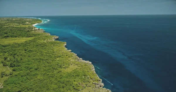 Luchtfoto van de baai van de blauwe oceaan in een groen tropisch landschap. Groen gras vallei op klif zee kust — Stockfoto