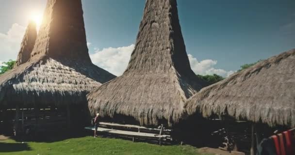 Soleil sur maison traditionnelle village sur verdure vallée vue aérienne. Indonésie règlement à la lumière du soleil — Video