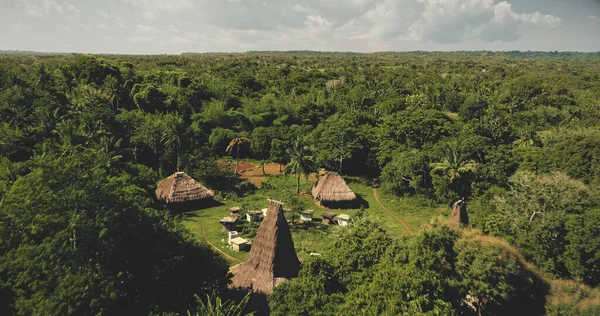 Indonéská krajina s tradičními domy střechy a zvířecí stodoly letecký výhled. Tropický les — Stock fotografie