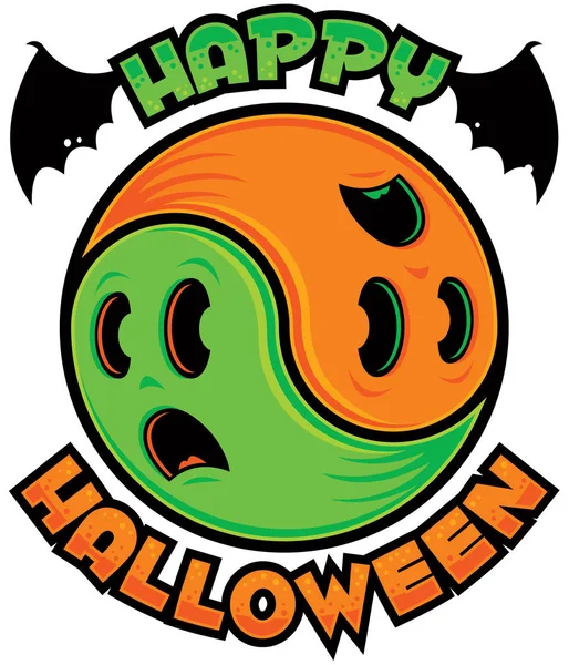 Yin Yang Symbol Made Two Spooky Scared Ghosts Green Orange — Stock Vector