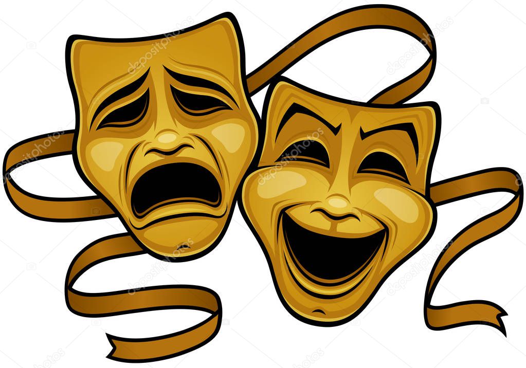 Vector illustration of gold comedy and tragedy theater masks with a gold ribbon.