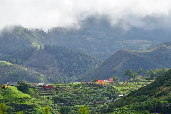 Kleines Bergdorf Zwischen Nebligen Hügeln Morgengrauen Gran Canaria Ländliche Landschaft — Stockfoto