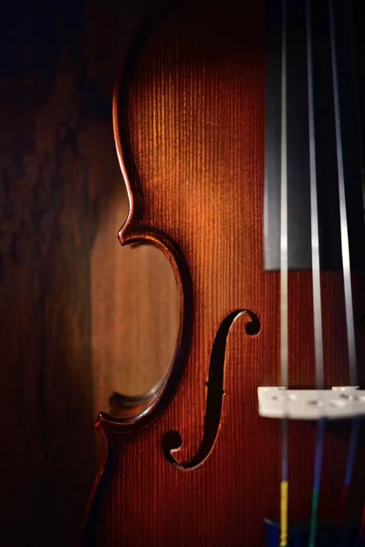 Violin Waist Detail Rustic Wooden Background Shallow Depth Field — Stock Photo, Image