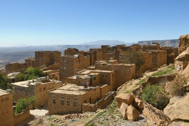 Kırsal manzara ve köy Thula ın Dağları, Yemen ortaçağ mimarisi. Yukarıdan görüntüleyin. Yemen