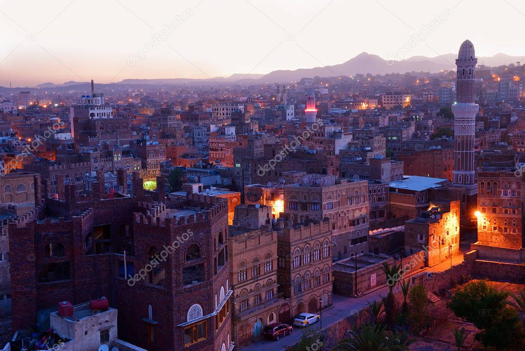 The capital of Yemen. View on the old city from roof at dawn