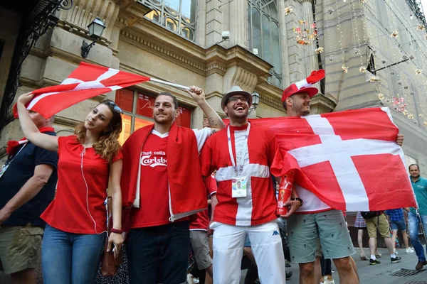 Moskou Rusland Juni 2018 Deense Voetbalfans Straten Van Moskou Voetbalfans — Stockfoto