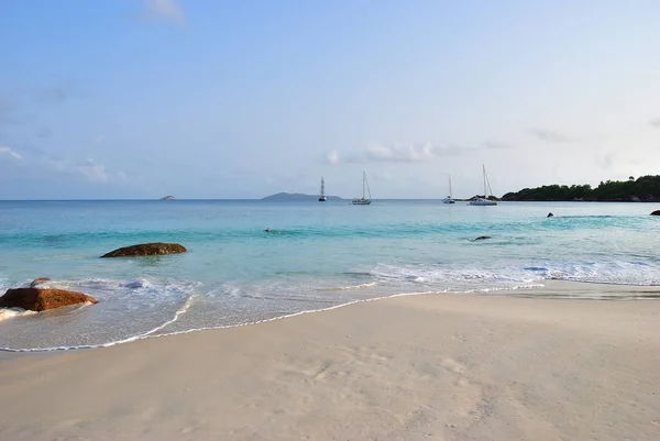 Aube Belle Plage Sable Anse Lazio Plage Connue Des Seychelles — Photo