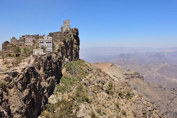Średniowieczna Wieś Manakhah Góry Jebel Haraz Szczycie Skały Przeciw Błękitne — Zdjęcie stockowe