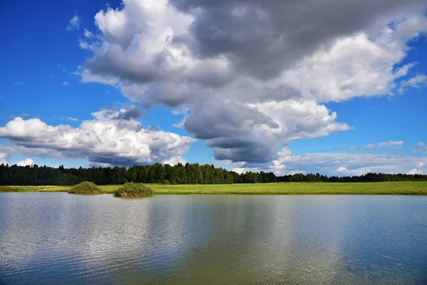 Bellissimo Paesaggio Estivo Russo Con Lago Campi Verdi Foresta Sullo — Foto Stock