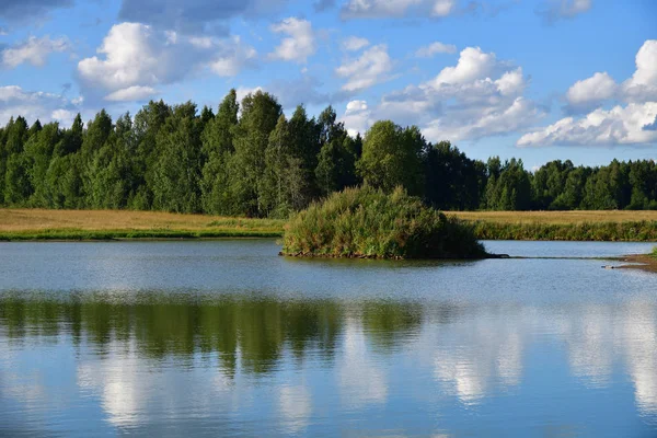 Krásné Ruské Letní Krajina Jezerem Zelených Polí Lesů Pozadí — Stock fotografie