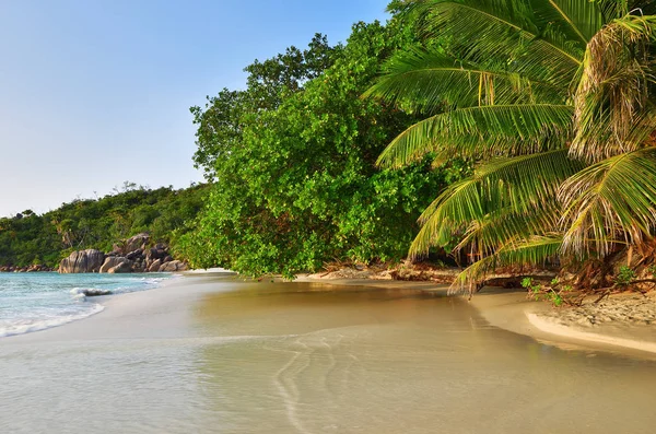 Sonnenuntergang Schönen Sandstrand Anse Lazio Dem Bekanntesten Strand Der Seychellen — Stockfoto