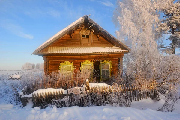 Paisagem Inverno Com Árvore Congelada Casa Madeira Campo Nascer Sol — Fotografia de Stock