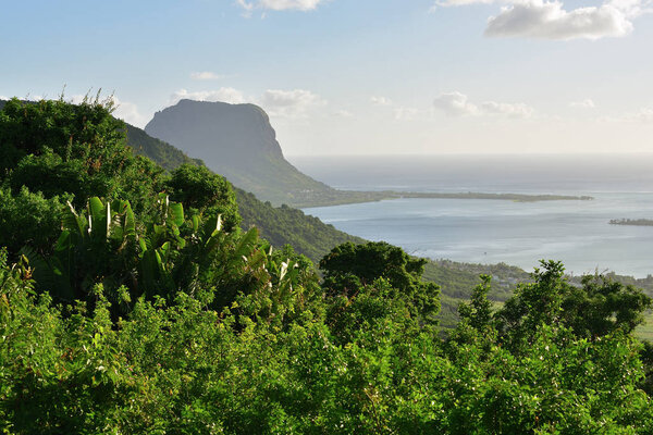Beautiful landscape of the western coast of Mauritius island. View from above at sunset