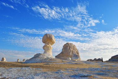 Turistik bir güzel soyut doğası kaya oluşumları aka heykeller Western beyaz çölde şafak, Sahara çekiyor. Mısır