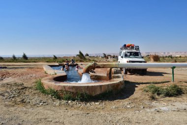 Farafra, Mısır - 27 Aralık 2008: Turist Farafra vahasında Sahara Çölü'nde Bir Setta sıcak artezyen bahar yıkanmak, dinlen