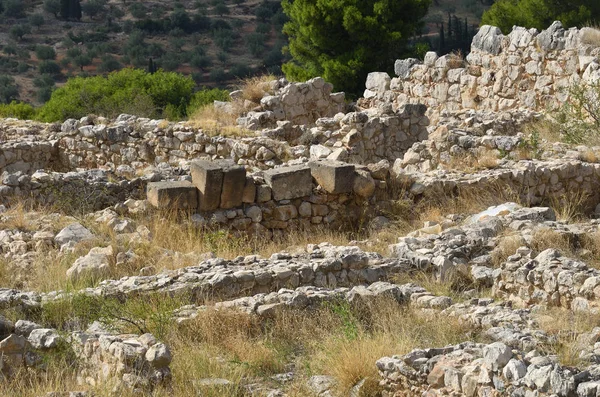 Archeologiczne Mykenach Tirynsiea Wsi Pięknej Greckiej Góry Pola Uprawne Grecja — Zdjęcie stockowe