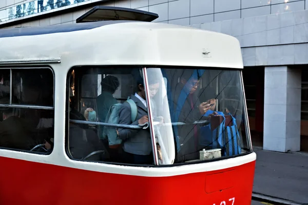 Pyongyang, North Korea. Tram passengers — Stock Photo, Image