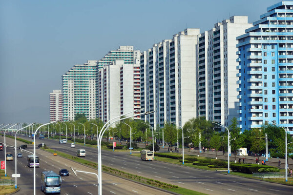 North Korea, Pyongyang - May 3, 2019: View of the modern apartment buildings and avenue in Pyongyang