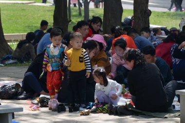 Pyongyang, Kuzey Kore. Umumi parkta Barbekü piknik aile