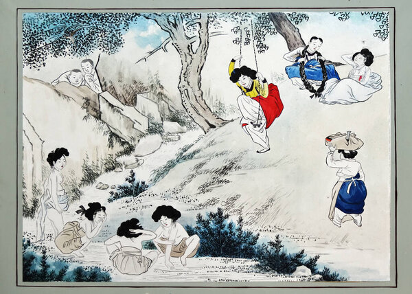 Kaesong, North Korea - May 5, 2019: Drawing depicting two guys spying on the semi naked girls bathing in the river. Old watercolor sketch by unknown korean native artist portraying scene from native life. Circa XIX century