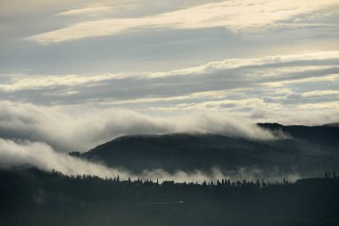 Puslu Toskana manzarası gün doğumunda Pienza, İtalya, Avrupa yakınlarında