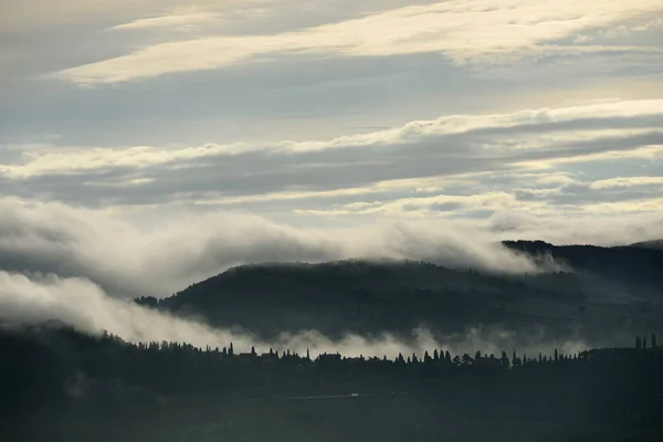 Misty Toscaans Landschap Bij Zonsopgang Bij Pienza Italië Europa — Stockfoto