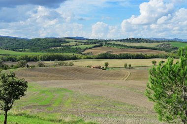 İtalya, Avrupa 'da sonbaharda tarlaları sürülmüş Idyllic kırsal Toskana manzarası