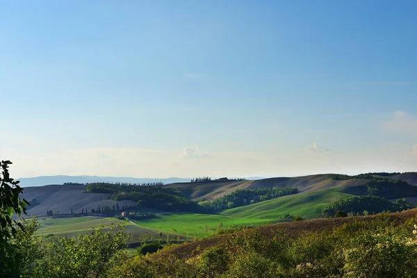 Idylliskt Toskanskt Landskap Med Åkrar Landsbygden Vid Soluppgången Italien Europa — Stockfoto
