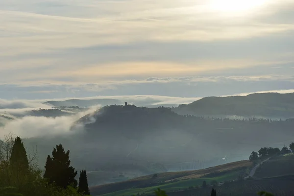 Neblige Landschaft Der Toskana Bei Sonnenaufgang Italien Europa — Stockfoto