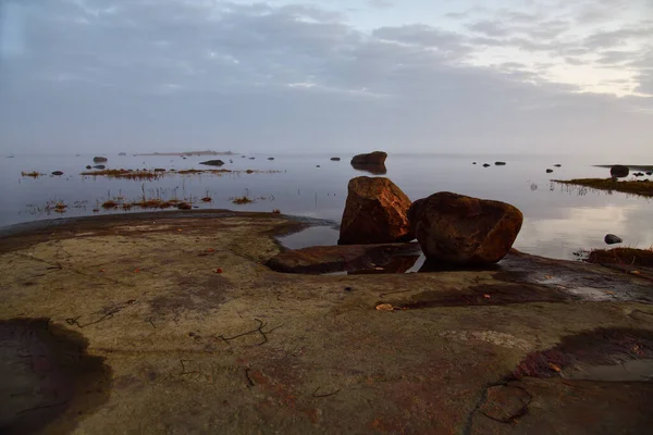 Hermoso Paisaje Orilla Del Mar Blanco Amanecer Golfo Onega Karelia — Foto de Stock