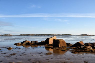 Beyaz Deniz kıyısının güzel manzarası. Onega Körfezi, Karelia, Rusya. Dalgalar alçaldığında küçük bölge