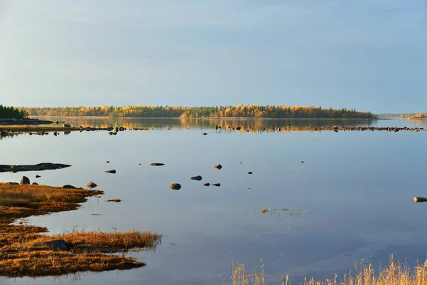 美丽的秋天风景 在白海的海滨落日 俄罗斯卡累利阿奥涅加湾 — 图库照片