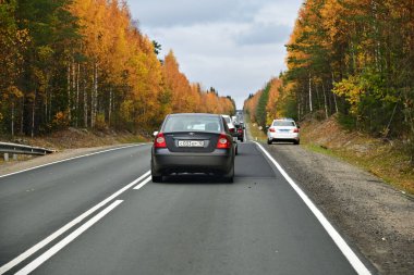 Karelia, Rusya - 30 Eylül 2020: Arabalar sonbahar ormanı boyunca Kola otoyolu boyunca ilerliyor