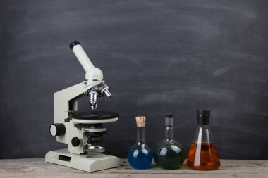 Eğitim konsepti - oditoryumdaki masanın üzerinde kitaplar ve mikroskop