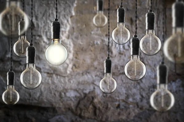 Idea Leadership Concept Vintage Incandescent Edison Type Bulbs Color Wall — Stock Photo, Image