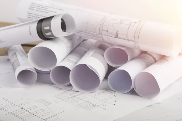 Workplace Architect Construction Drawings Table — Stock Photo, Image