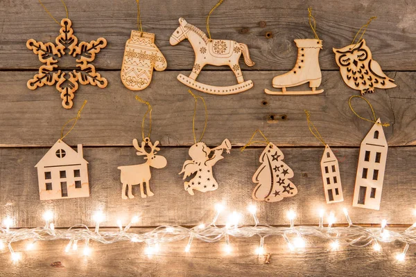 Noel Dekorasyonu Ahşap Arka Plan Işığı — Stok fotoğraf