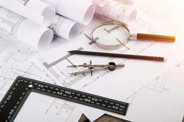 Workplace Architect Construction Drawings Tools — Stock Photo, Image