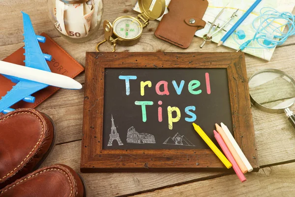 Travel Tips Inscription Blackboard Jar Money Travel Airplane Maps Passport — Stock Photo, Image