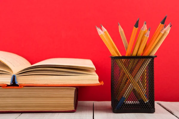 Education Wisdom Concept Open Book Wooden Table Red Background — Stock Photo, Image