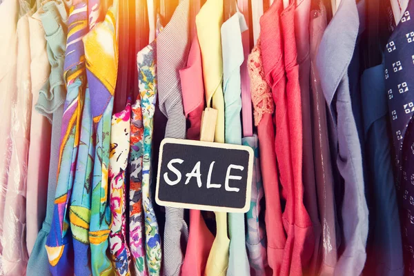 Sale Label Clothes Hanging Rack Fashion Store — Stock Photo, Image