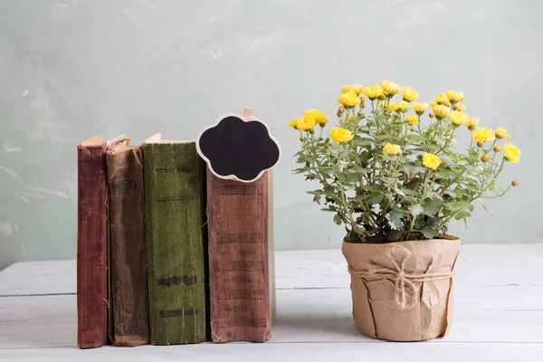 Stapel Boeken Bij Weinig Uithangbord Bloemen Tafel — Stockfoto