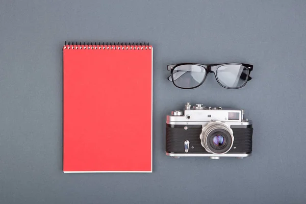 Journalist Blogger Table Spiral Blank Notebook Pencil Glasses Gray Background — Stock Photo, Image