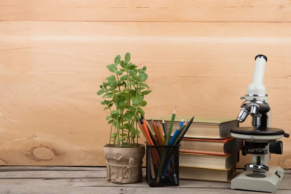 Onderwijs Concept Boeken Microscoop Het Bureau Het Auditorium — Stockfoto